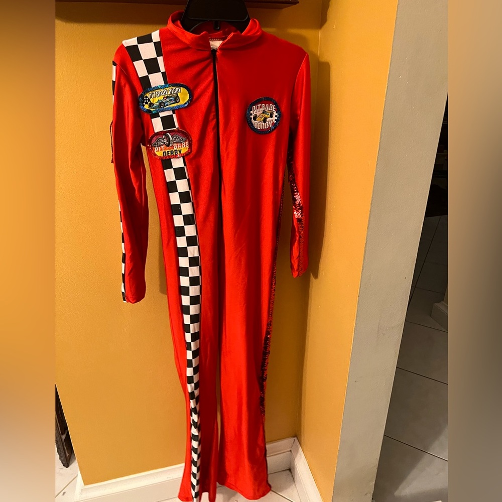 Red race car driver body suit costume